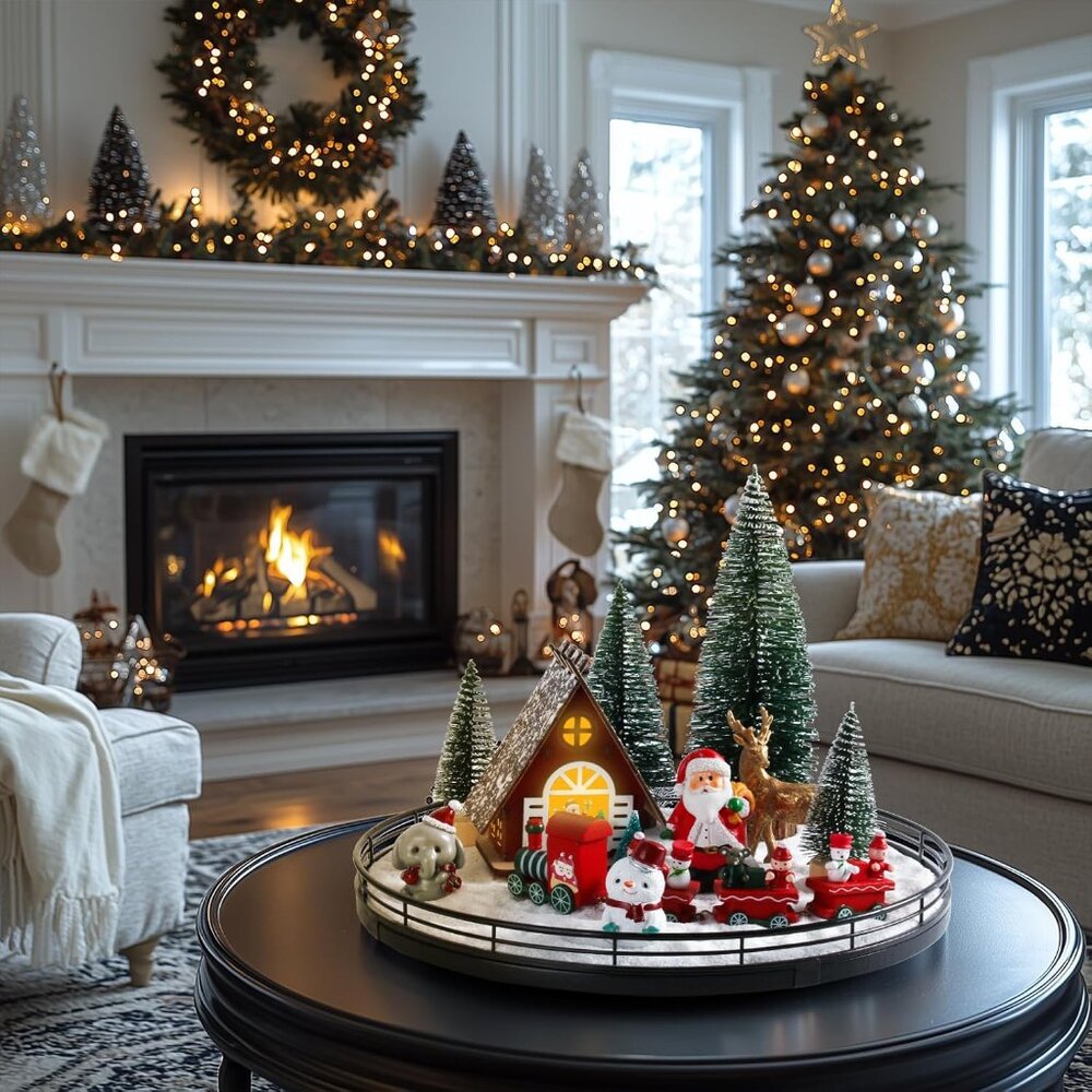 New 12 Pcs Christmas Village Set, Light-Up Table Centerpieces with Lazy Susan - Picture 2 of 6